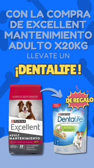 Con la compra de Excellent Mantenimiento Adulto x20KG, llevate un DENTALIFE de regalo. Pilar. Buenos Aires. Distribuidora de alimentos balanceados para gatos y perros. Forrajeria del Pilar.